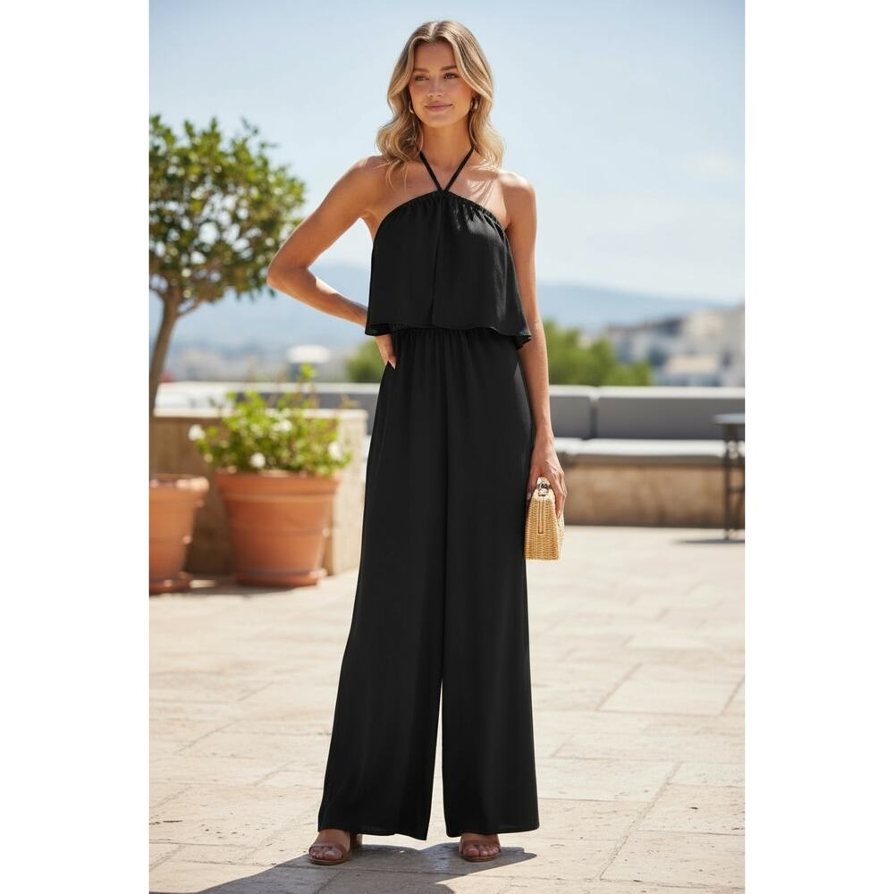 RAMY BROOK Jumpsuit NEW Size XS Black Norah Halter Evening $545 Wide Leg
